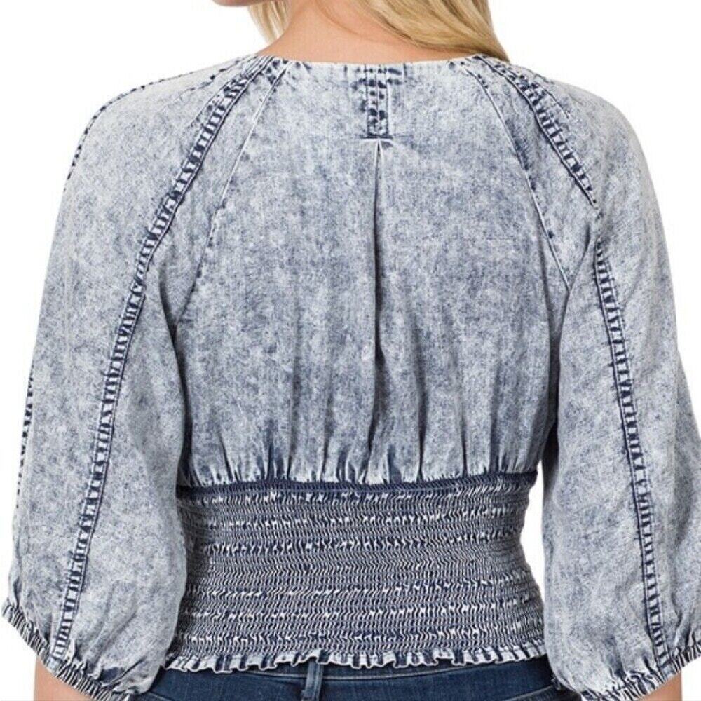 NEW Zenana Acid Wash Smocked Waist Puff Sleeve Denim Style Crop Top Modern Boho‎ - Picture 12 of 16